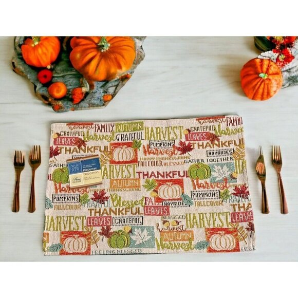 Tapestry Placemats 13" x 18" Harvest Autumn Fall Words Thanksgiving Set Of 2 - Picture 3 of 8